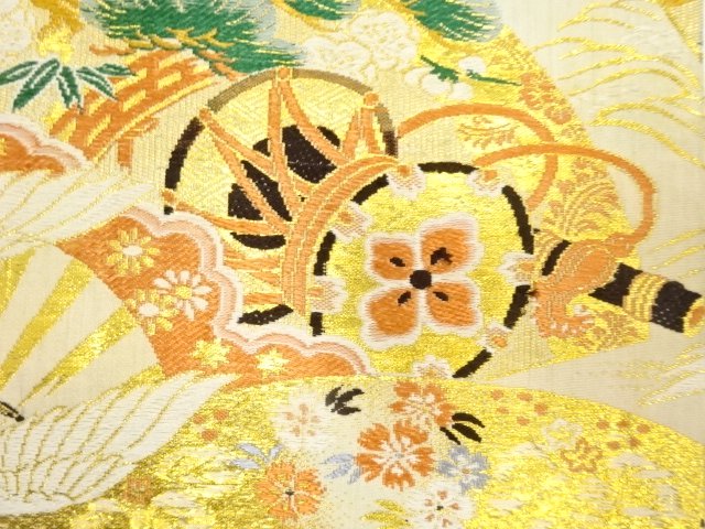  アンティーク　扇に御所車・鶴・古楽器模様織り出し丸帯（着用可）